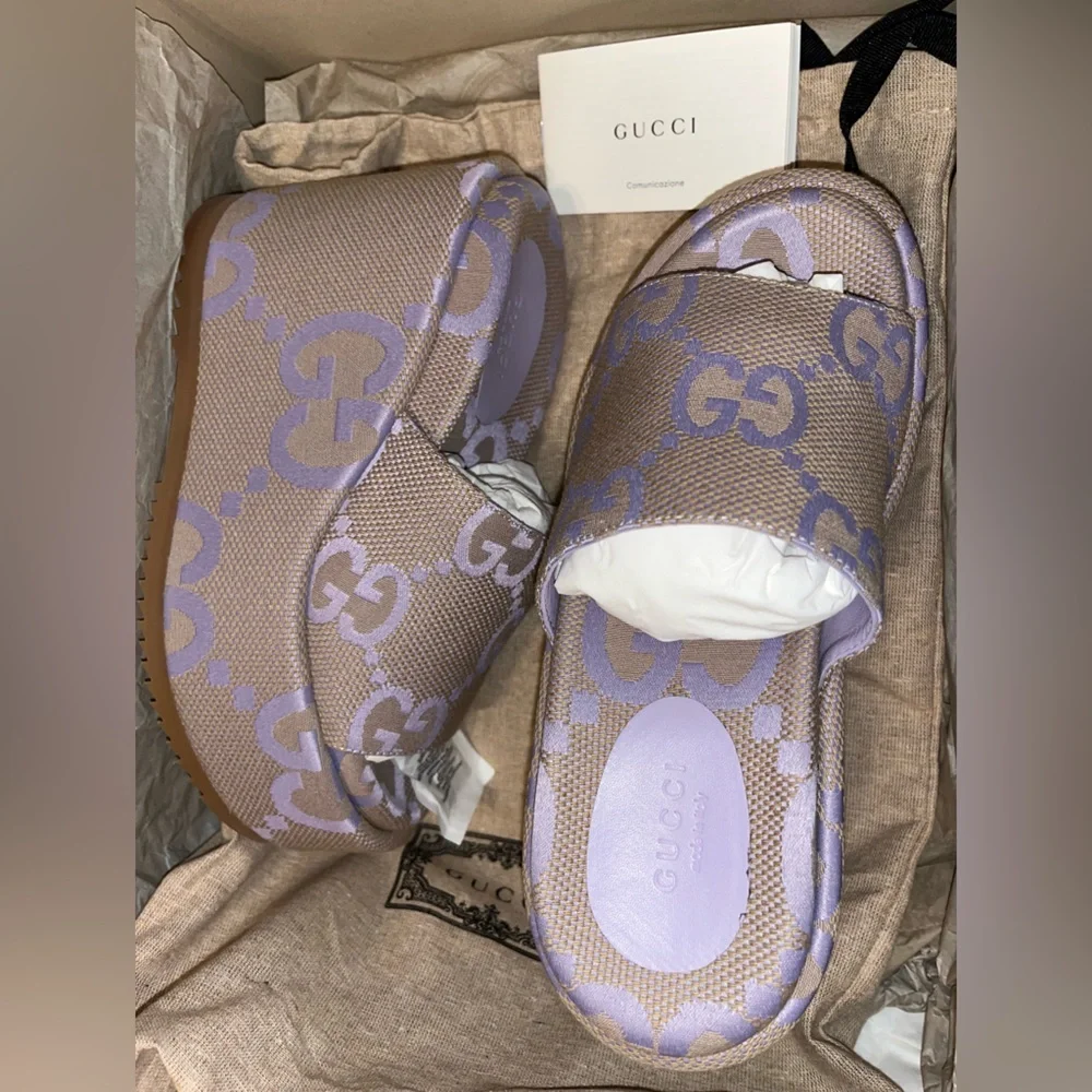 Gucci Beige and White GG Canvas Platform Slide Sandal